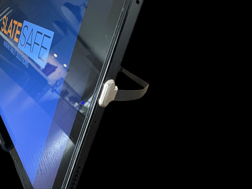 Close-up of SlateSafe enclosure showing flat ribbon cable and 90° right-angle connector