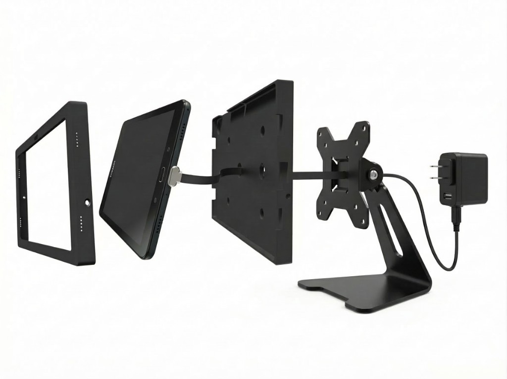 Exploded view of SlateSafe tablet enclosure, stand, and power adapter for tabletop installation